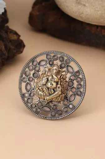 Gold & silver color dual tone oxidised rings highlighting dual metallic shades with intricate carved motifs