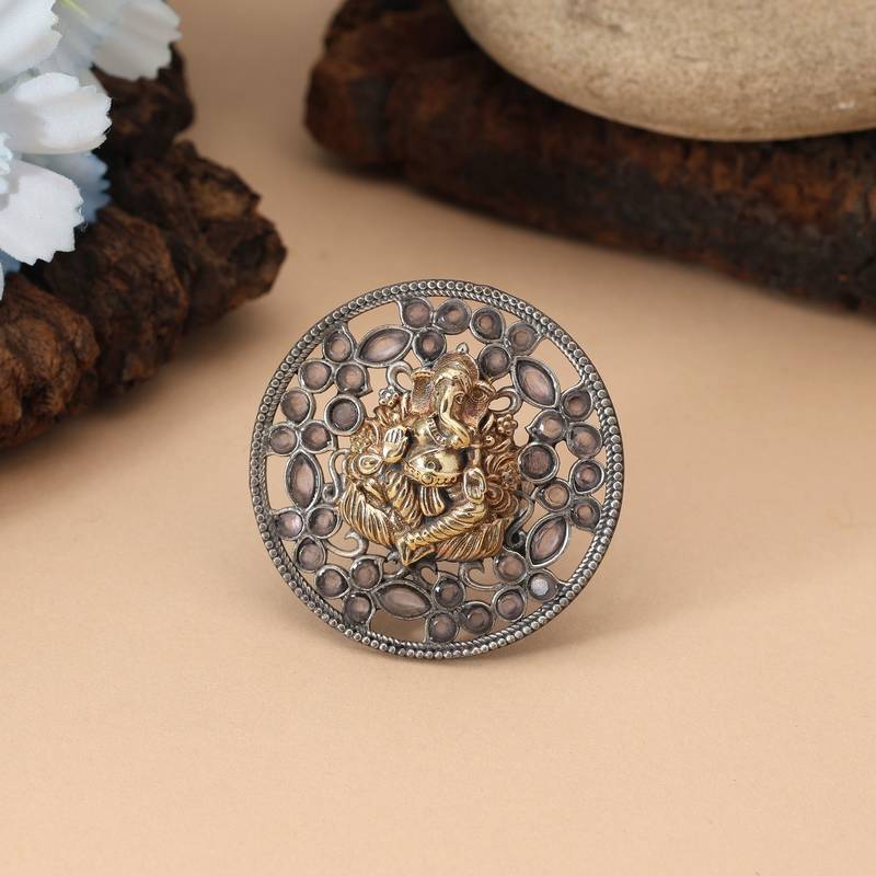 Gold & silver color dual tone oxidised rings highlighting dual metallic shades with intricate carved motifs