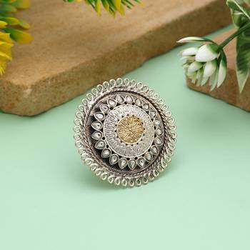 Gold & silver color dual tone oxidised rings showcasing balanced contrasting tones with decorative oxidised elements 1