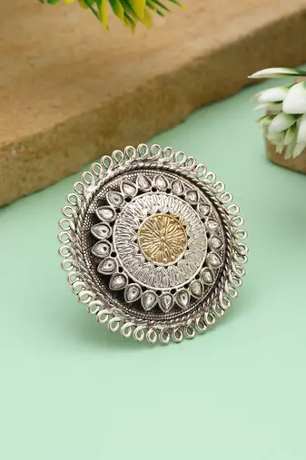 Gold & silver color dual tone oxidised rings showcasing balanced contrasting tones with decorative oxidised elements