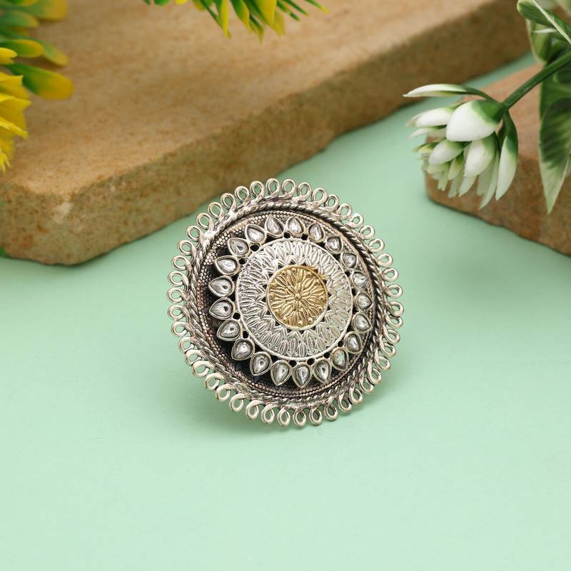 Gold & silver color dual tone oxidised rings showcasing balanced contrasting tones with decorative oxidised elements