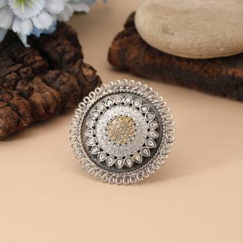 Gold & silver color dual tone oxidised rings showcasing balanced contrasting tones with decorative oxidised elements 2