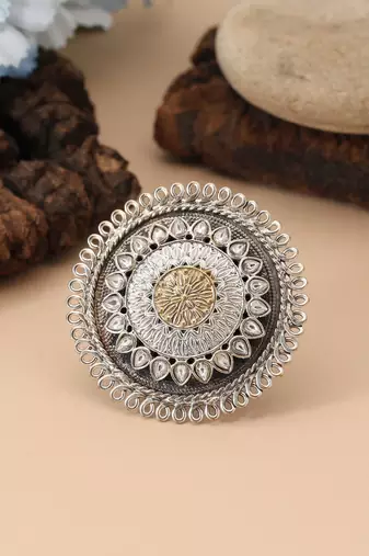 Gold & silver color dual tone oxidised rings showcasing balanced contrasting tones with decorative oxidised elements