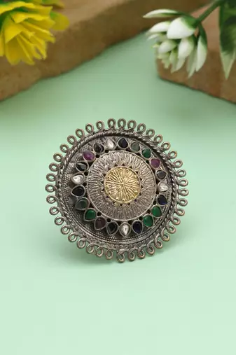 Multi color dual tone oxidised rings designed for vibrant styling with elaborate oxidised artistic patterns