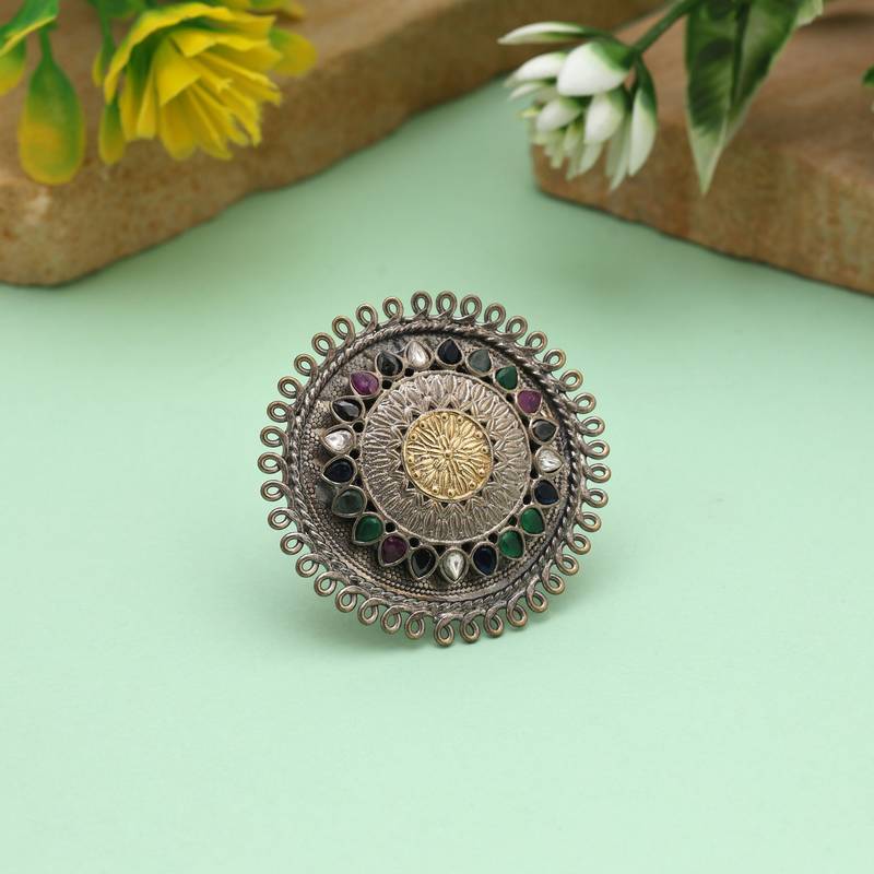 Multi color dual tone oxidised rings designed for vibrant styling with elaborate oxidised artistic patterns