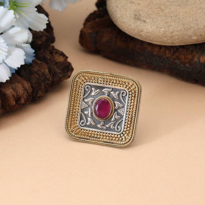 Rani color dual tone oxidised rings crafted with luxurious detailing and traditional oxidised patterns
