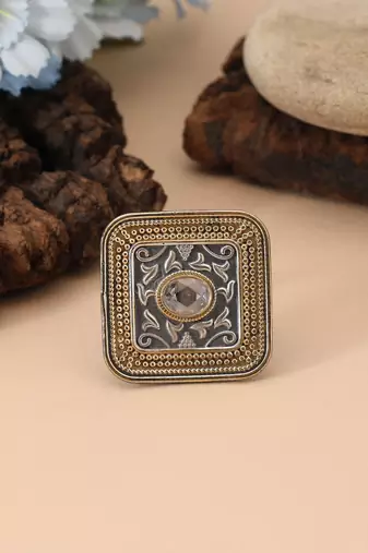 Gold & silver color dual tone oxidised rings combining classic metallic tones with ornate oxidised details