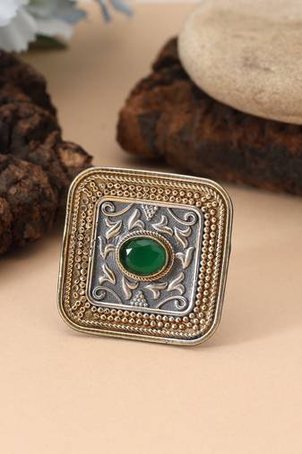 Green color dual tone oxidised rings featuring bright earthy tones with refined traditional oxidised patterns