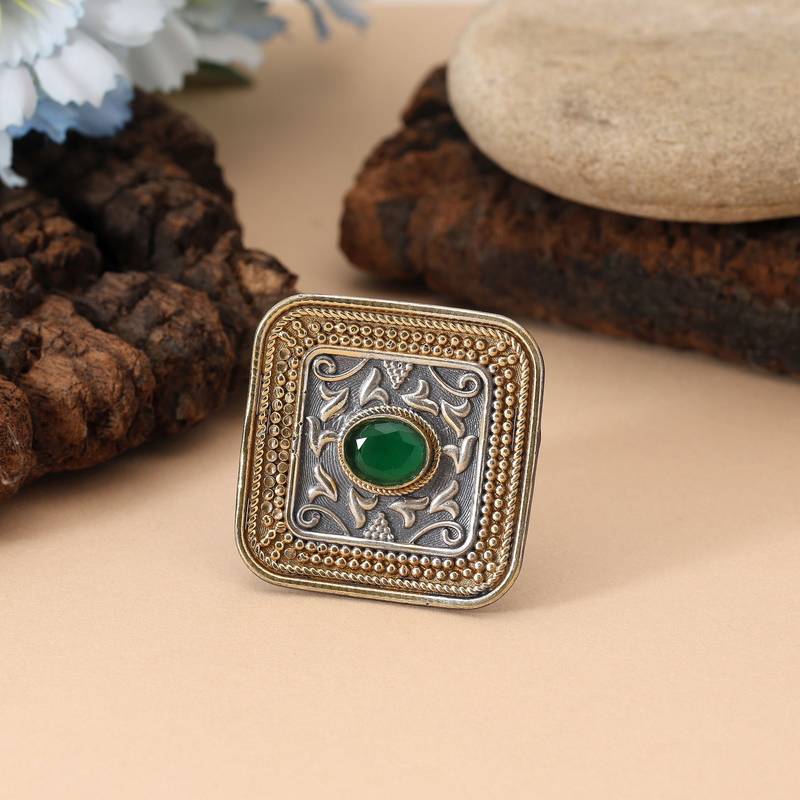 Green color dual tone oxidised rings featuring bright earthy tones with refined traditional oxidised patterns