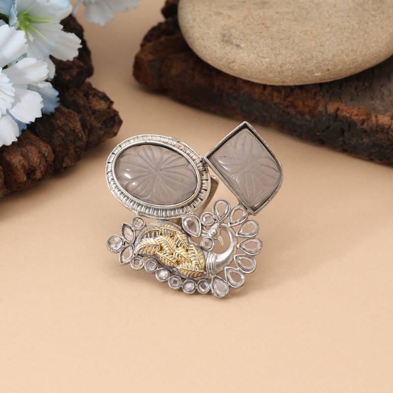 Grey color dual tone oxidised rings offering subtle elegance with intricately designed oxidised texture