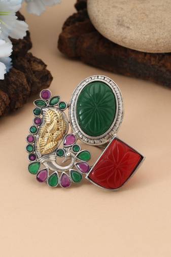 Maroon & green color dual tone oxidised rings blending festive tones with beautifully crafted oxidised patterns