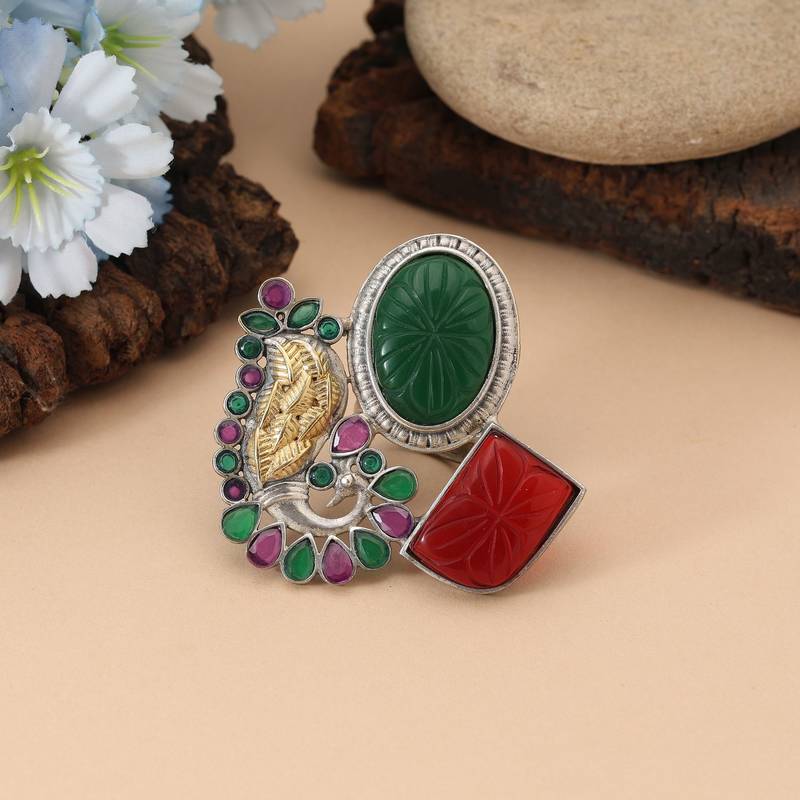 Maroon & green color dual tone oxidised rings blending festive tones with beautifully crafted oxidised patterns