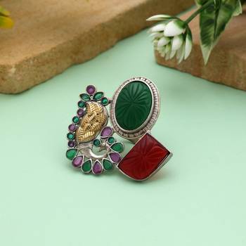 Maroon & green color dual tone oxidised rings blending festive tones with beautifully crafted oxidised patterns 2