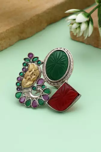 Maroon & green color dual tone oxidised rings blending festive tones with beautifully crafted oxidised patterns