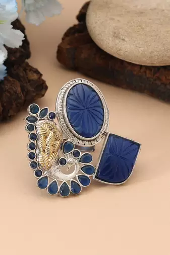 Blue color dual tone oxidised rings showcasing cool bold hues with expertly detailed oxidised texture