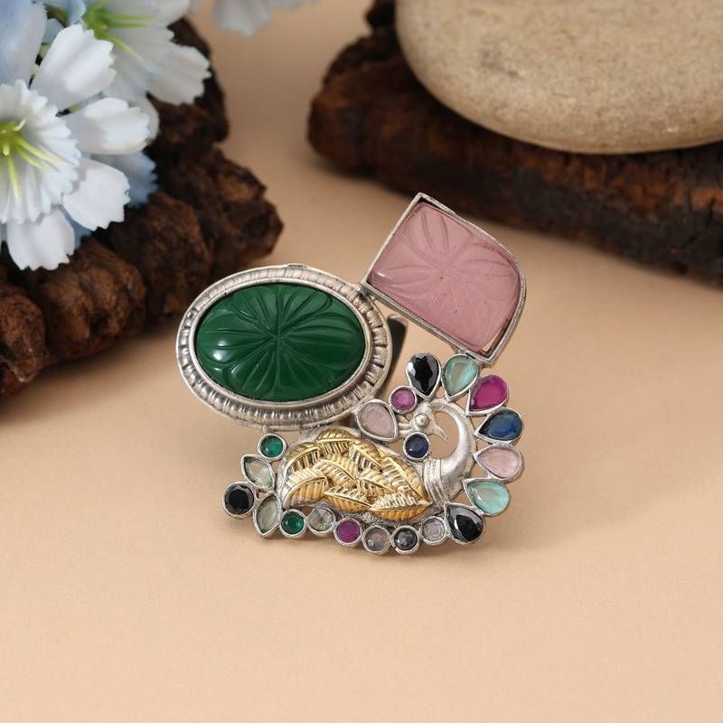 Multi color dual tone oxidised rings offering vibrant ethnic charm with decorative oxidised craftsmanship