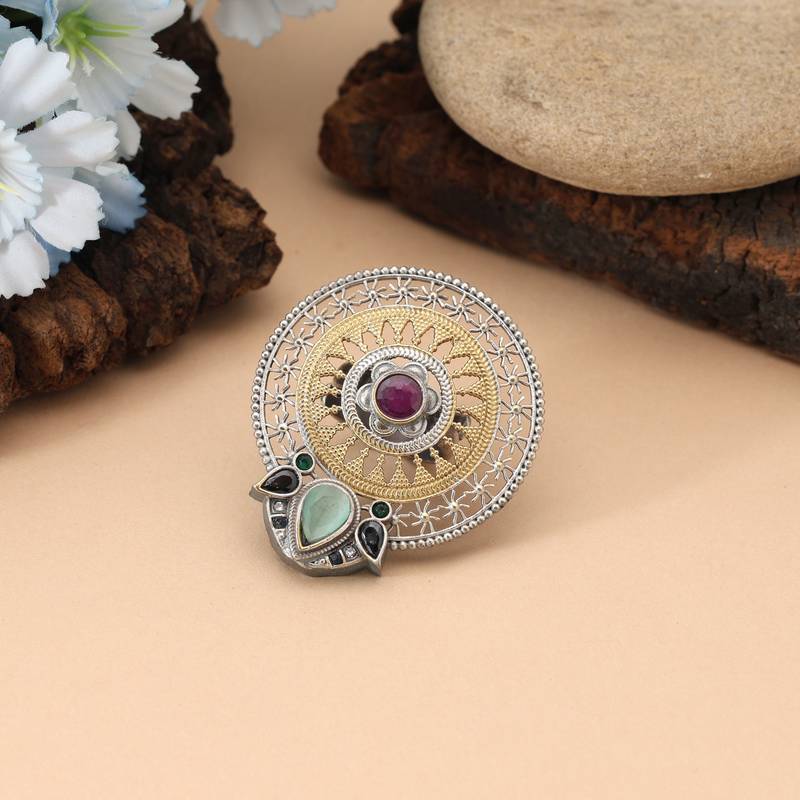 Multi color dual tone oxidised rings enriched with colorful patterns and artistically detailed oxidised finishing