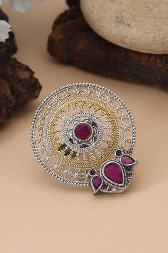 Rani color dual tone oxidised rings designed with bold regal hues and intricate oxidised craftsmanship