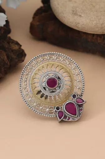 Rani color dual tone oxidised rings designed with bold regal hues and intricate oxidised craftsmanship