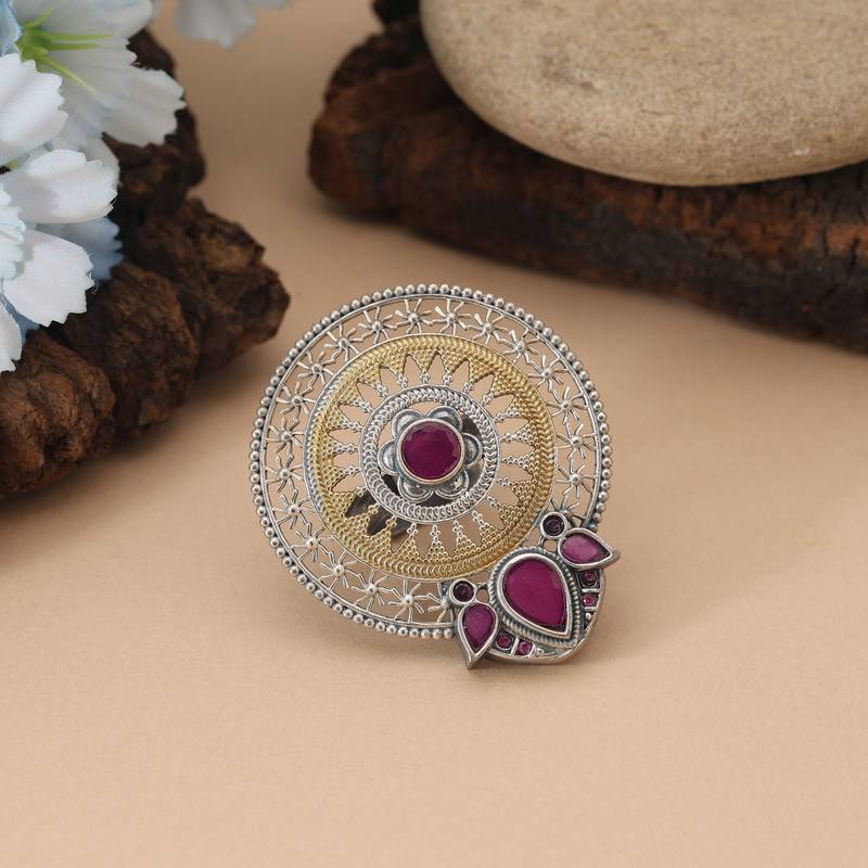Rani color dual tone oxidised rings designed with bold regal hues and intricate oxidised craftsmanship