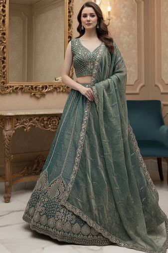 teal blue dori embroidered silk lehenga set choli with dupatta