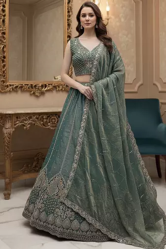 teal blue dori embroidered silk lehenga set choli with dupatta