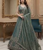 teal blue dori embroidered silk lehenga set choli with dupatta