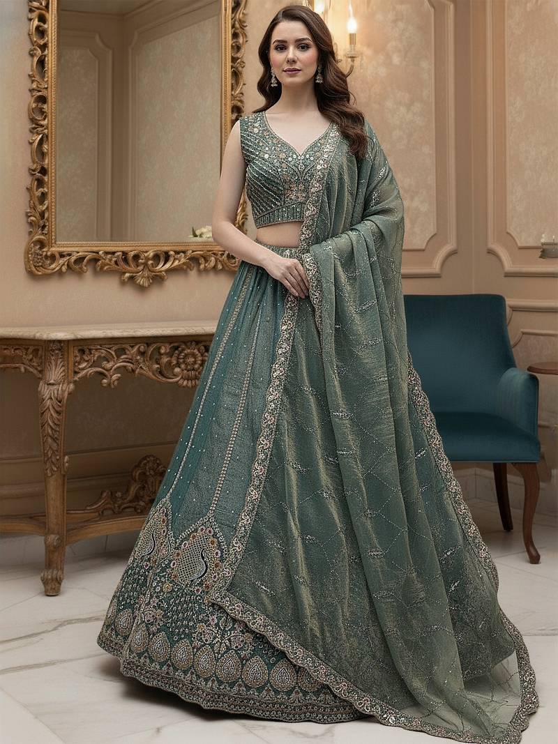 teal blue dori embroidered silk lehenga set choli with dupatta