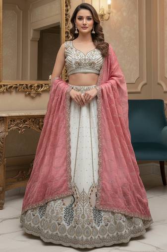  white sequins embroidered silk lehenga set choli with dupatta