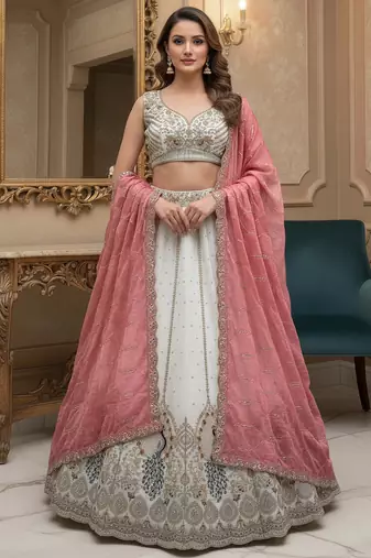  white sequins embroidered silk lehenga set choli with dupatta