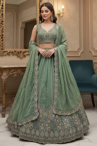 green sequins embroidered silk lehenga set choli with dupatta