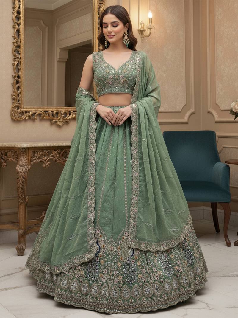 green sequins embroidered silk lehenga set choli with dupatta