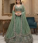 green sequins embroidered silk lehenga set choli with dupatta