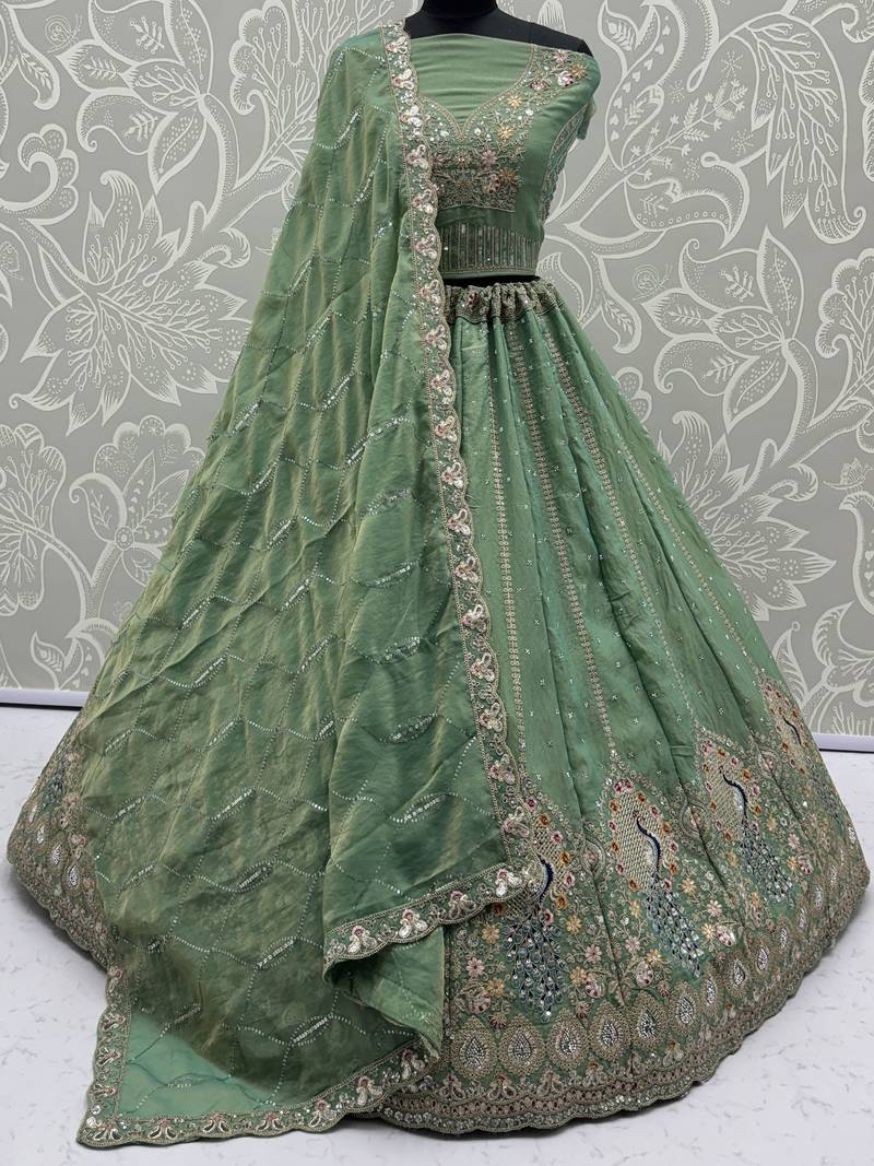 green sequins embroidered silk lehenga set choli with dupatta
