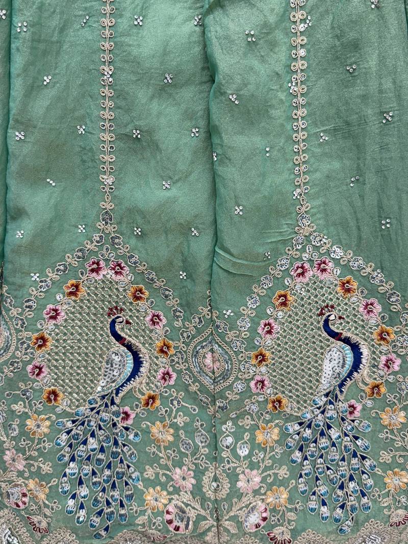 green sequins embroidered silk lehenga set choli with dupatta