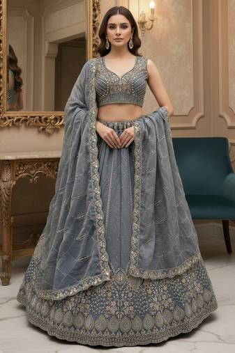 grey dori embroidered silk lehenga set choli with dupatta