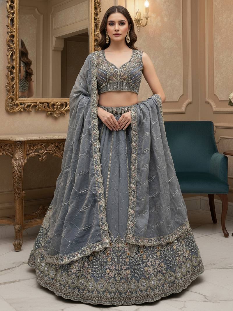 grey dori embroidered silk lehenga set choli with dupatta