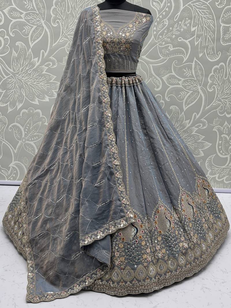 grey dori embroidered silk lehenga set choli with dupatta