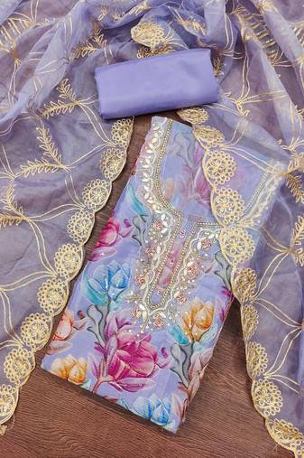 Lavender organza printed unstitched dress material