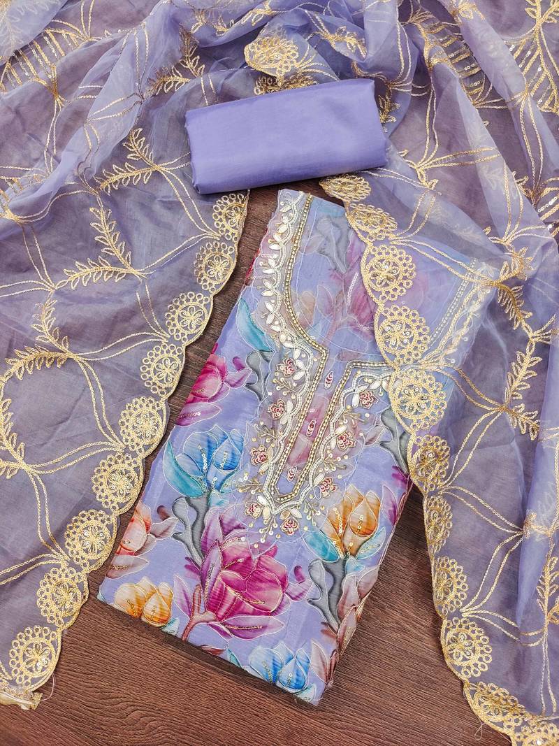 Lavender organza printed unstitched dress material
