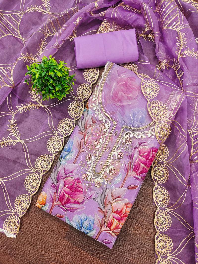 Onion organza printed unstitched dress material