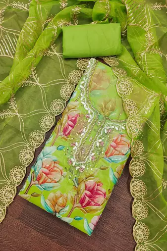 Green organza printed unstitched dress material