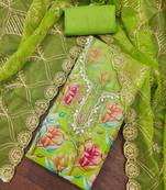Green organza printed unstitched dress material