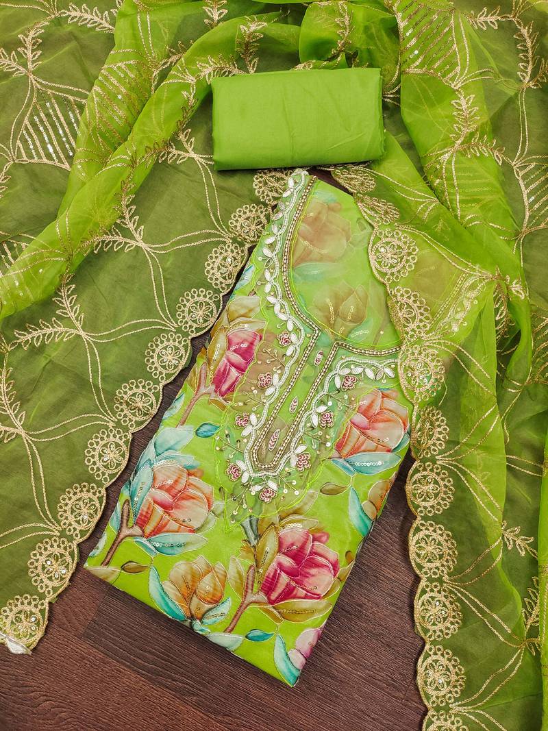 Green organza printed unstitched dress material