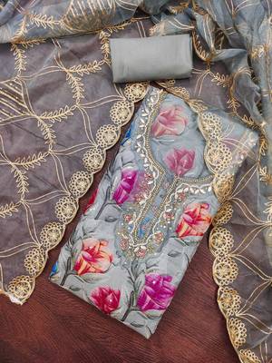 Grey organza printed unstitched dress material 1