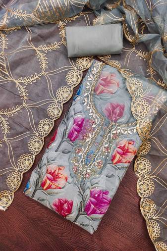 Grey organza printed unstitched dress material