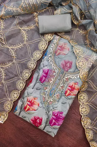 Grey organza printed unstitched dress material