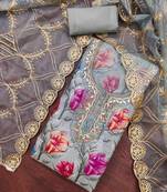 Grey organza printed unstitched dress material
