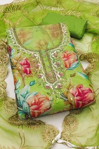 Green organza printed unstitched dress material