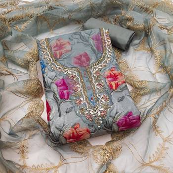 Grey organza printed unstitched dress material 2